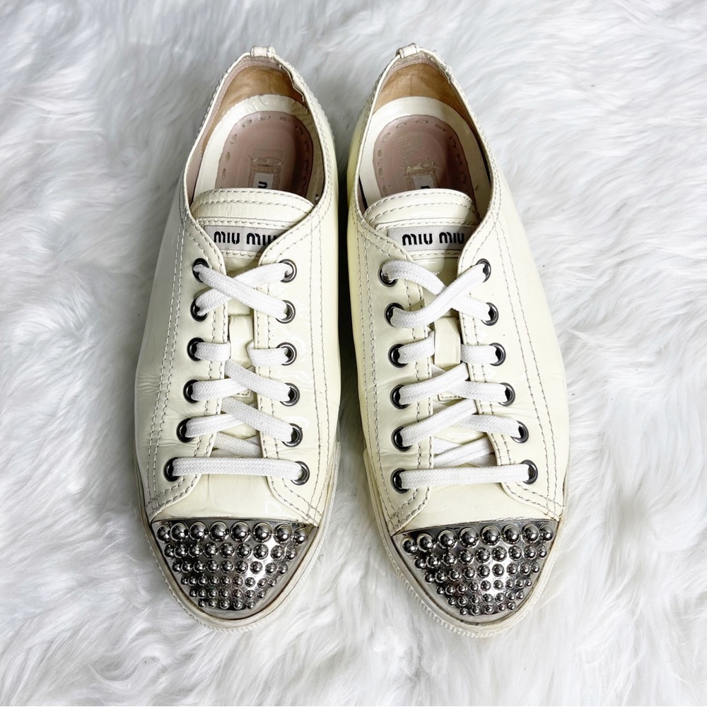 Miu Miu Cream Leather Studded Toe Sneakers